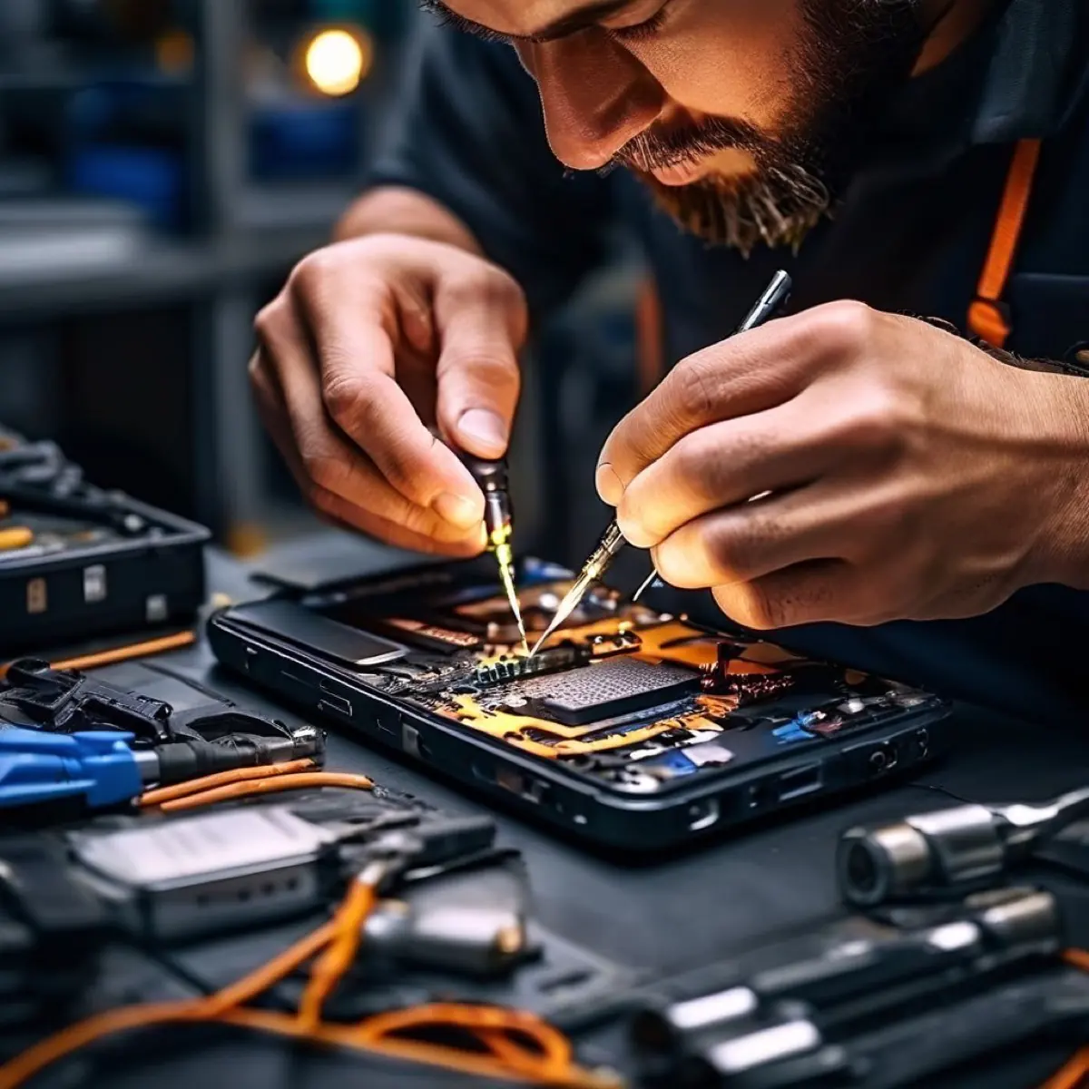 A technician repairing a tablet at the workbench